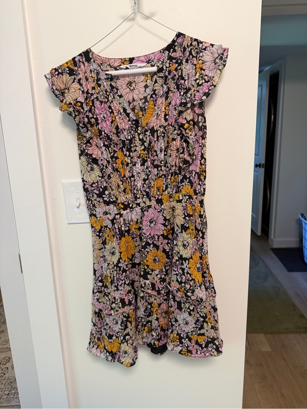 BB Dakota Black Floral Ruffle Dress with Pink & Yellow Blooms